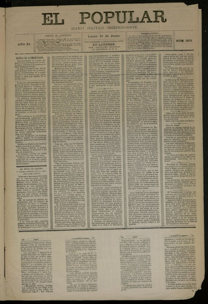 Miniatura de El Popular: diario independiente, político, literario y de noticias de interés general del 30 de junio de 1879, nº 3021