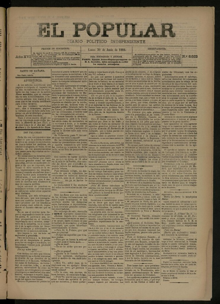 Miniatura de El Popular: diario independiente, político, literario y de noticias de interés general del 30 de junio de 1884, nº 6032