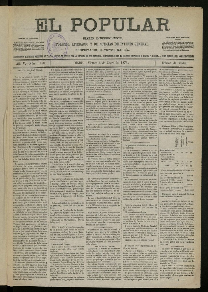 Miniatura de El Popular: diario independiente, político, literario y de noticias de interés general del 3 de enero de 1873, nº 1096