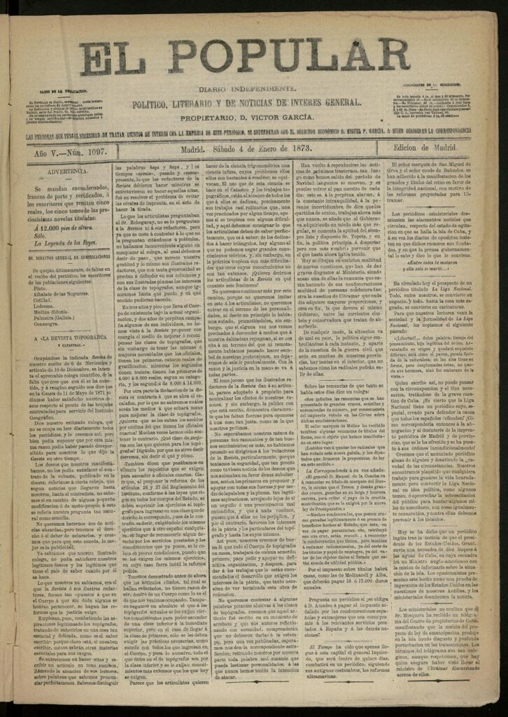 Miniatura de El Popular: diario independiente, político, literario y de noticias de interés general del 4 de enero de 1873, nº 1097