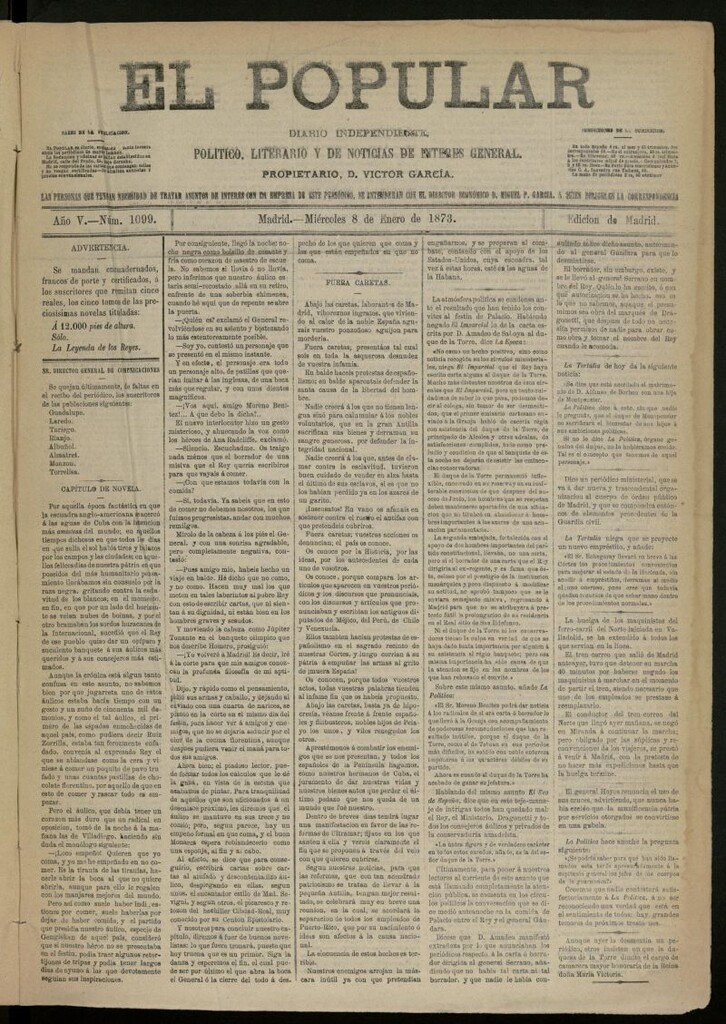 Miniatura de El Popular: diario independiente, político, literario y de noticias de interés general del 8 de enero de 1873, nº 1099