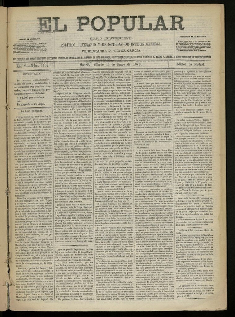Miniatura de El Popular: diario independiente, político, literario y de noticias de interés general del 11 de enero de 1873, nº 1102
