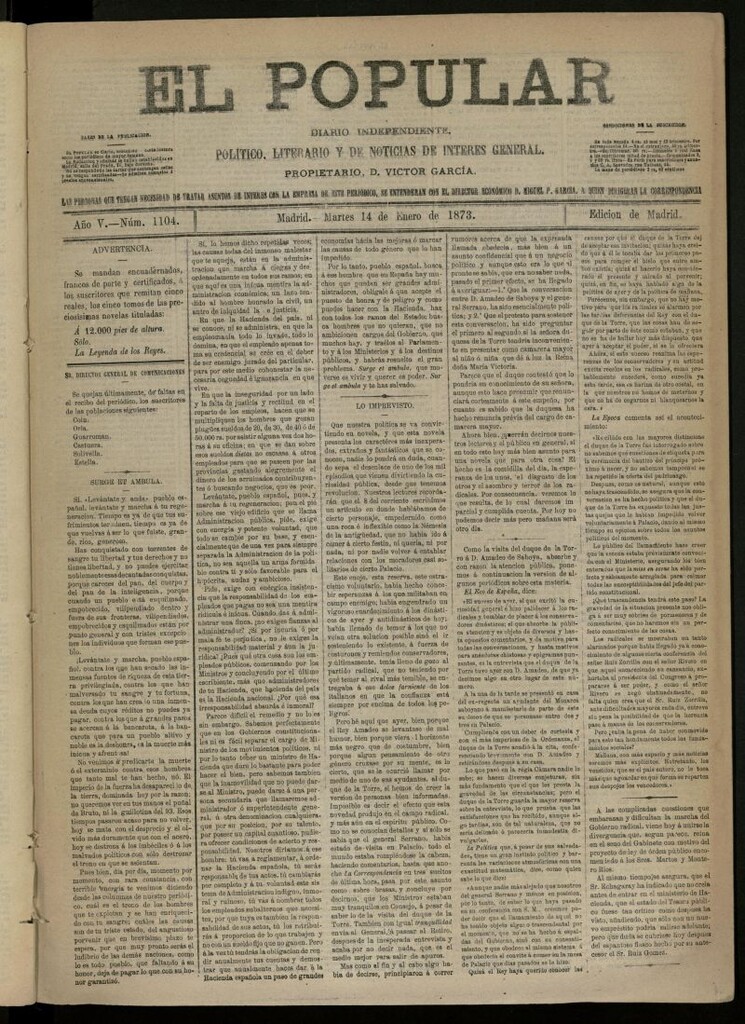 Miniatura de El Popular: diario independiente, político, literario y de noticias de interés general del 14 de enero de 1873, nº 1104