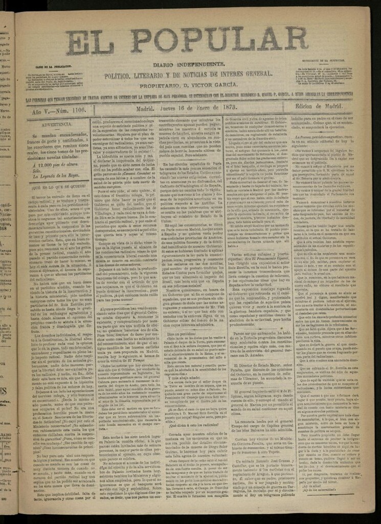Miniatura de El Popular: diario independiente, político, literario y de noticias de interés general del 16 de enero de 1873, nº 1106