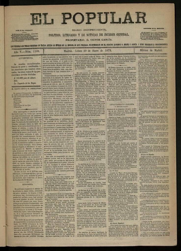 Miniatura de El Popular: diario independiente, político, literario y de noticias de interés general del 20 de enero de 1873, nº 1109