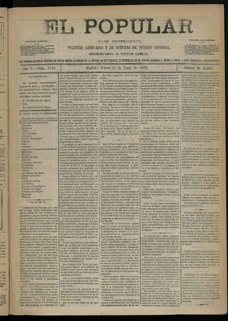 Miniatura de El Popular: diario independiente, político, literario y de noticias de interés general del 21 de enero de 1873, nº 1110
