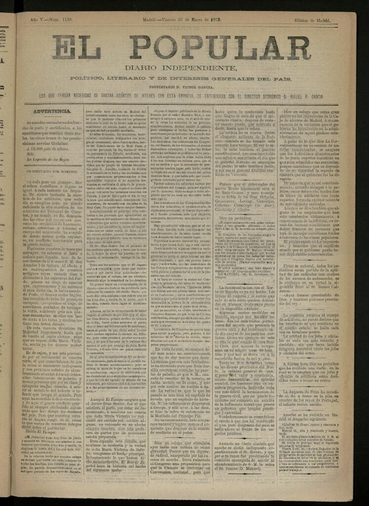 Miniatura de El Popular: diario independiente, político, literario y de noticias de interés general del 31 de enero de 1873, nº 1118