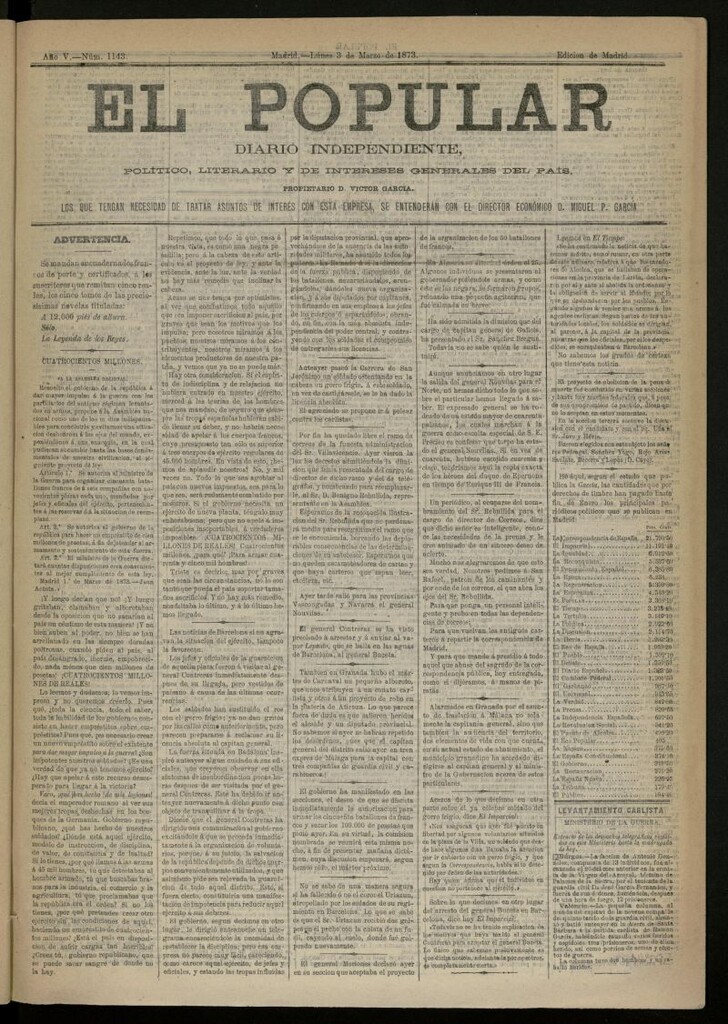 Miniatura de El Popular: diario independiente, político, literario y de noticias de interés general del 3 de marzo de 1873, nº 1143