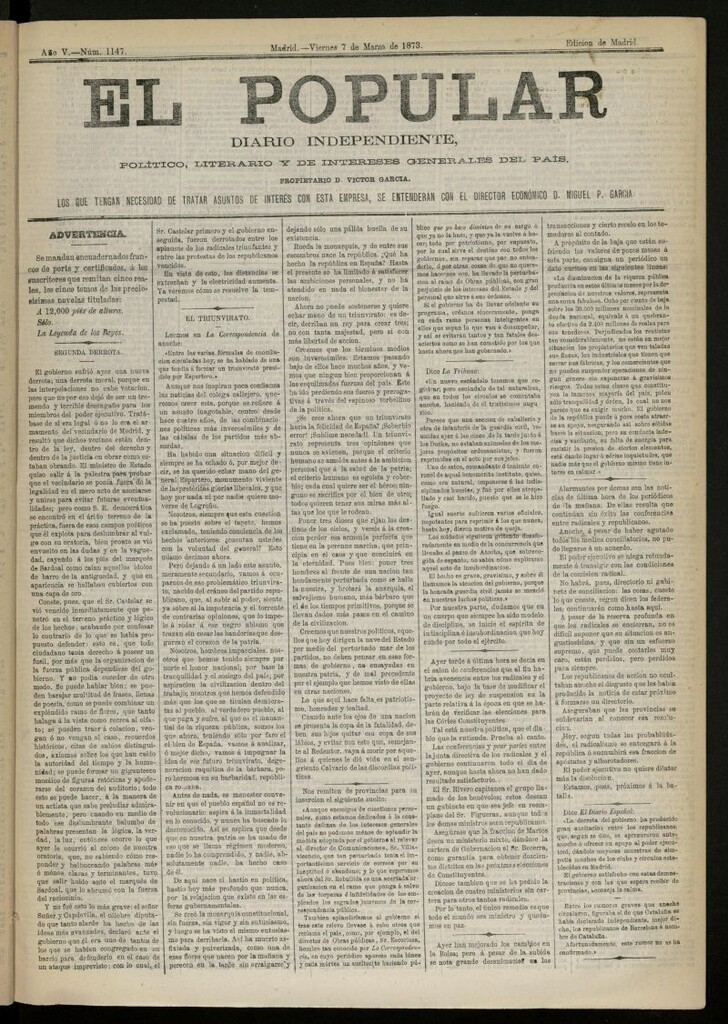 Miniatura de El Popular: diario independiente, político, literario y de noticias de interés general del 7 de marzo de 1873, nº 1147