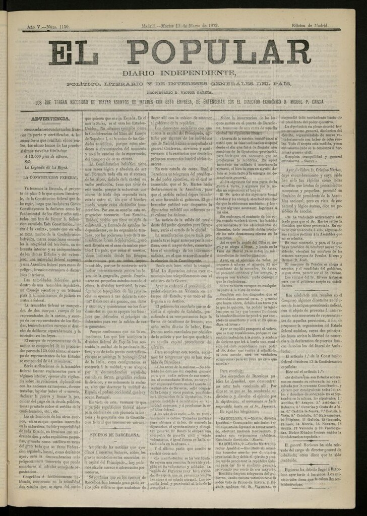 Miniatura de El Popular: diario independiente, político, literario y de noticias de interés general del 11 de marzo de 1873, nº 1150
