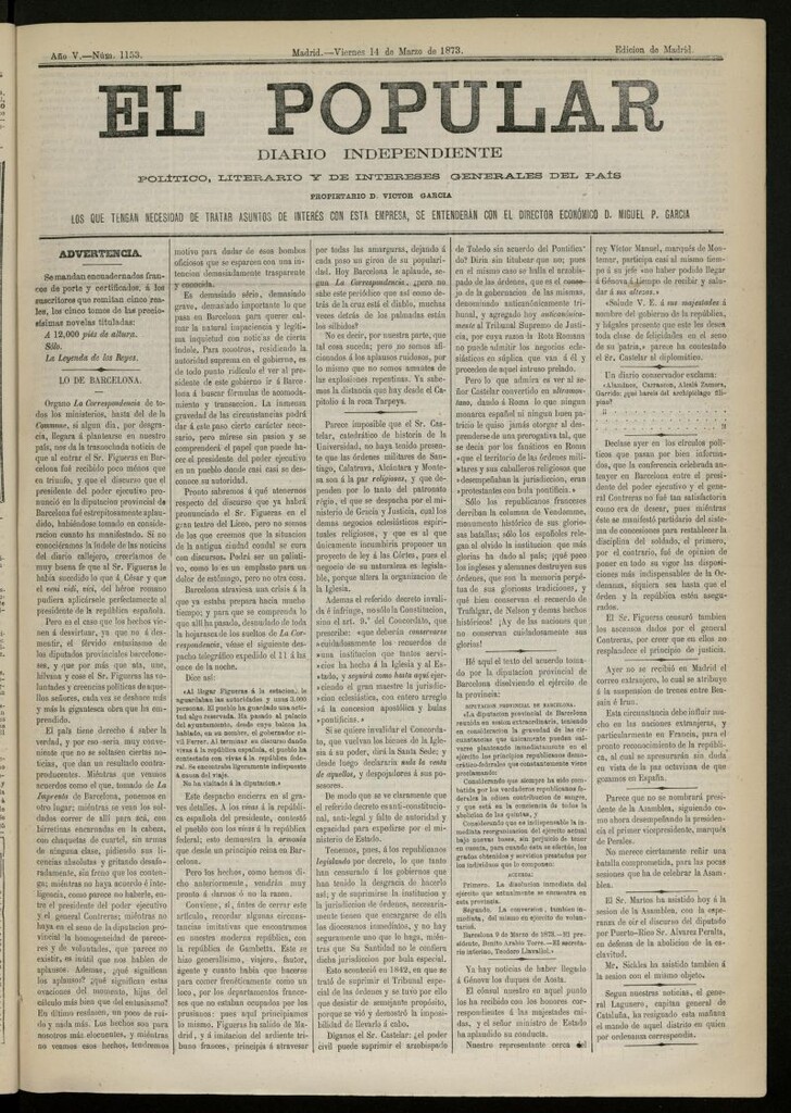 Miniatura de El Popular: diario independiente, político, literario y de noticias de interés general del 14 de marzo de 1873, nº 1153