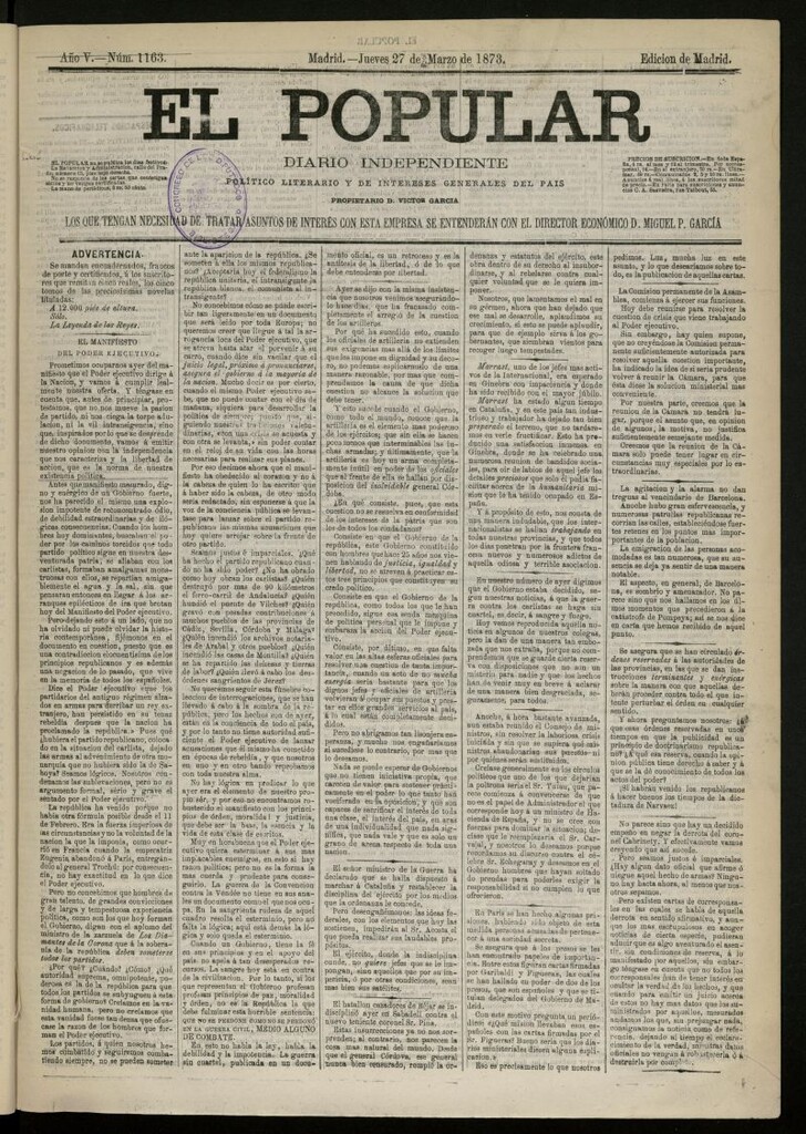 Miniatura de El Popular: diario independiente, político, literario y de noticias de interés general del 27 de marzo de 1873, nº 1163