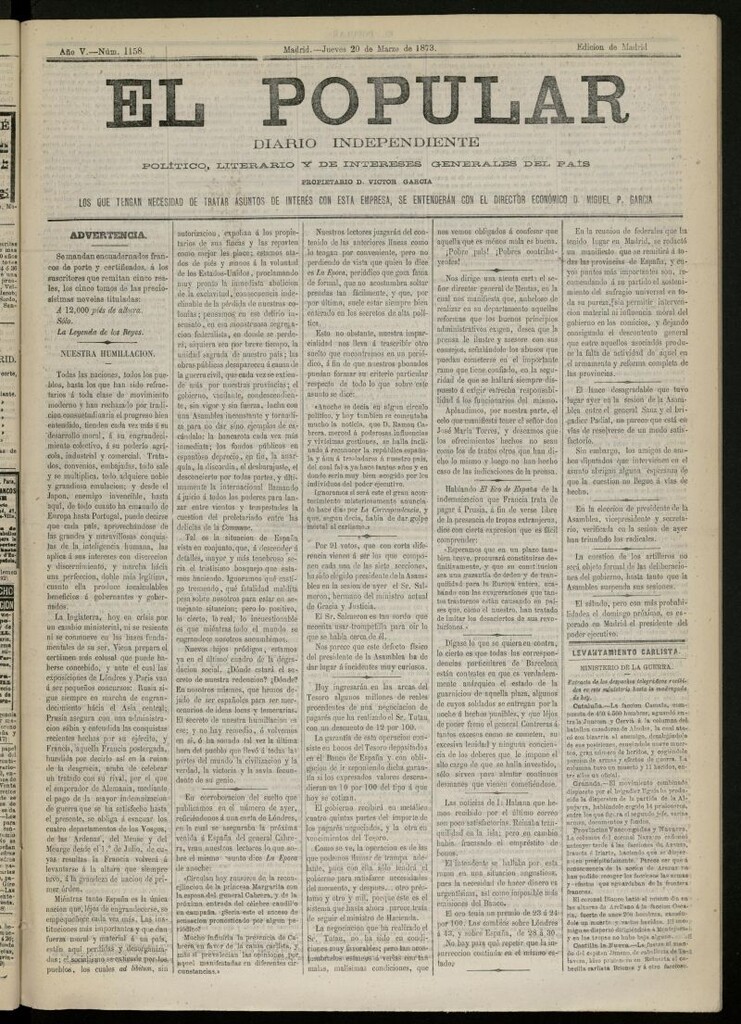Miniatura de El Popular: diario independiente, político, literario y de noticias de interés general del 20 de marzo de 1873, nº 1158