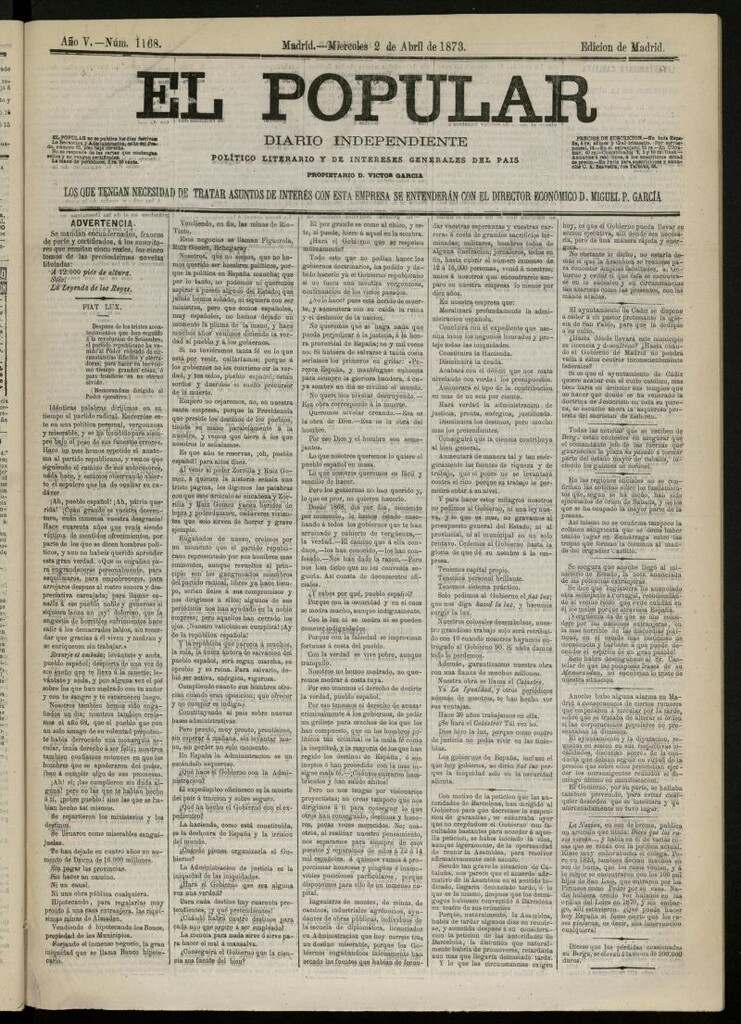 Miniatura de El Popular: diario independiente, político, literario y de noticias de interés general del 2 de abril de 1873, nº 1168