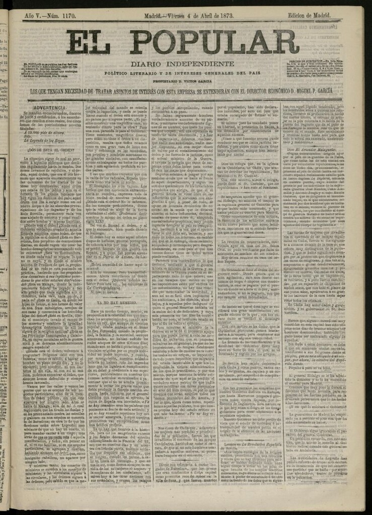 Miniatura de El Popular: diario independiente, político, literario y de noticias de interés general del 4 de abril de 1873, nº 1170
