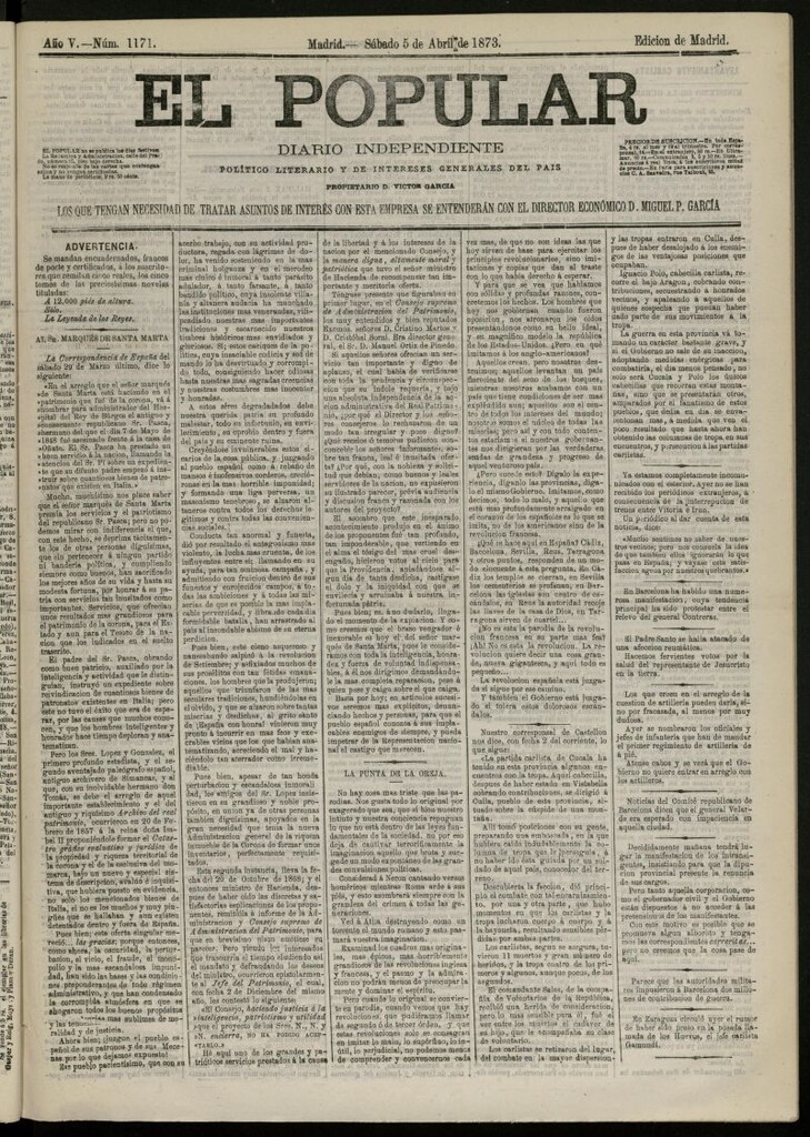 Miniatura de El Popular: diario independiente, político, literario y de noticias de interés general del 5 de abril de 1873, nº 1171