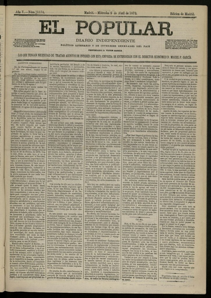 Miniatura de El Popular: diario independiente, político, literario y de noticias de interés general del 9 de abril de 1873, nº 1174