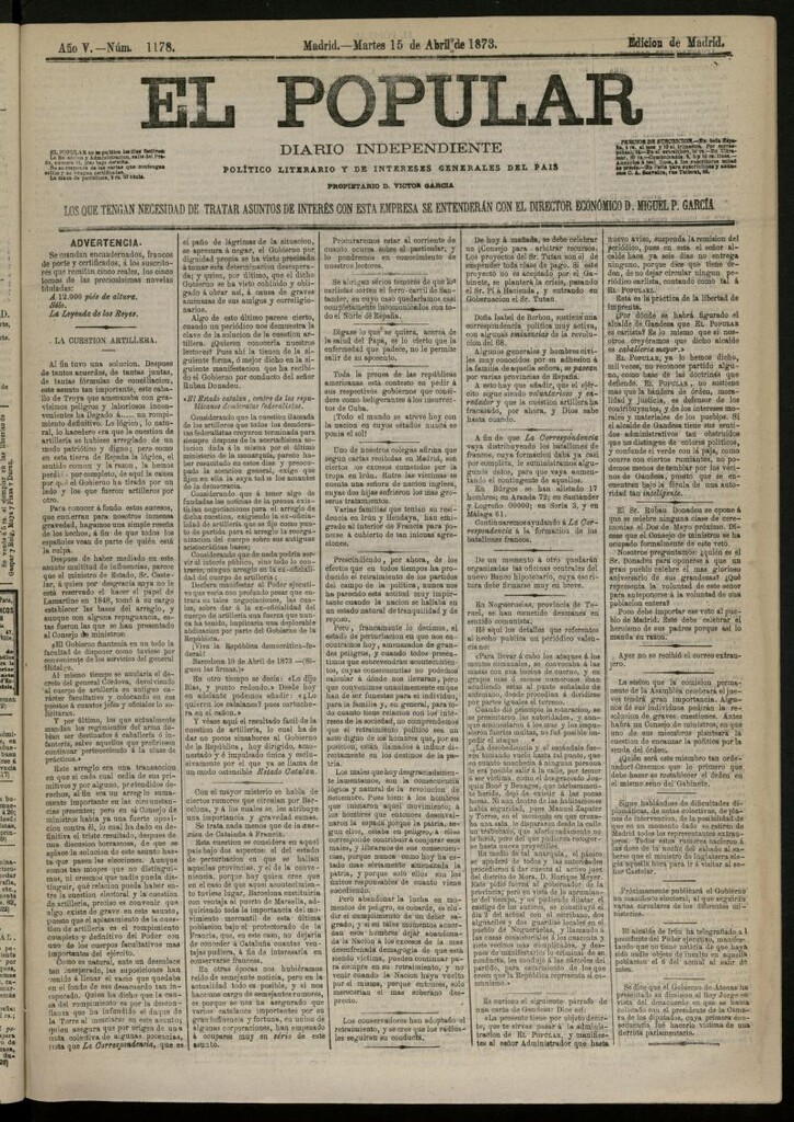 Miniatura de El Popular: diario independiente, político, literario y de noticias de interés general del 15 de abril de 1873, nº 1178