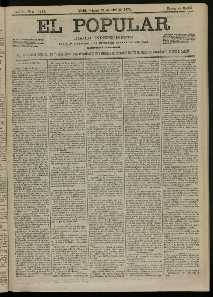 Miniatura de El Popular: diario independiente, político, literario y de noticias de interés general del 21 de abril de 1873, nº 1183
