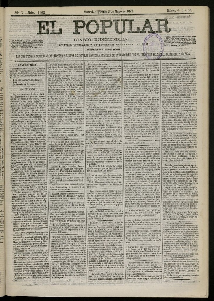 Miniatura de El Popular: diario independiente, político, literario y de noticias de interés general del 2 de mayo de 1873, nº 1193