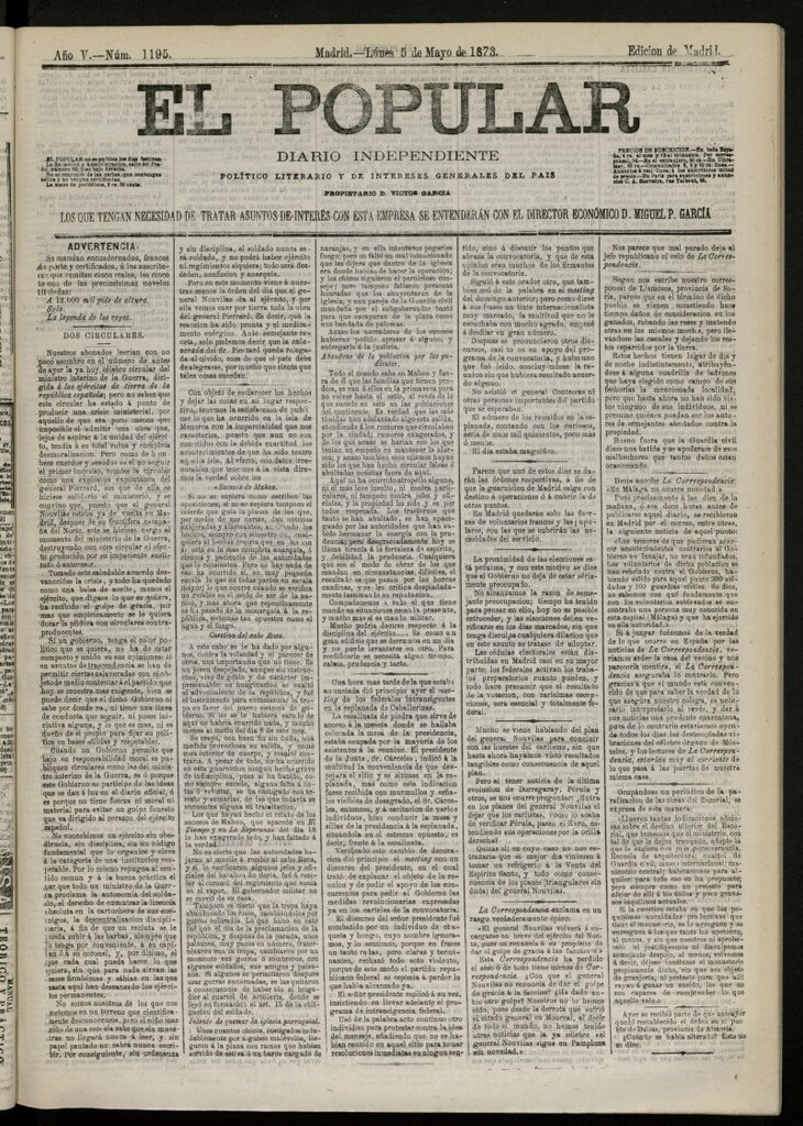 Miniatura de El Popular: diario independiente, político, literario y de noticias de interés general del 5 de mayo de 1873, nº 1195