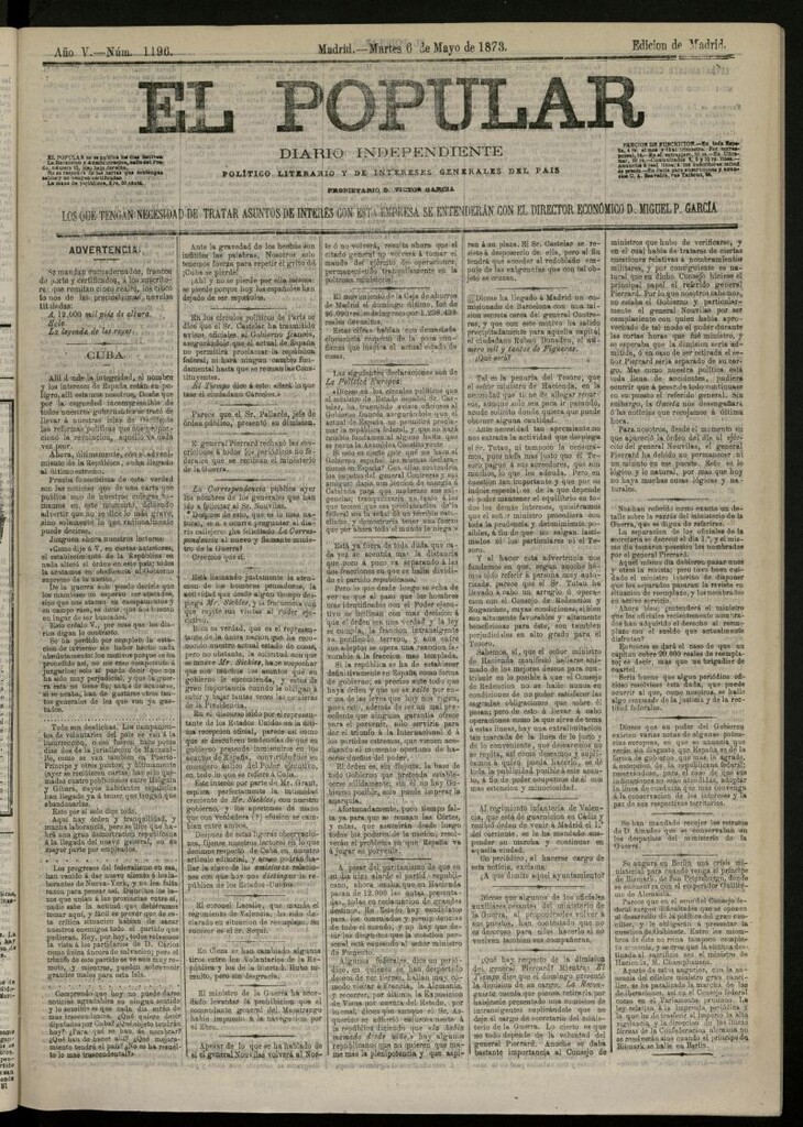 Miniatura de El Popular: diario independiente, político, literario y de noticias de interés general del 6 de mayo de 1873, nº 1196