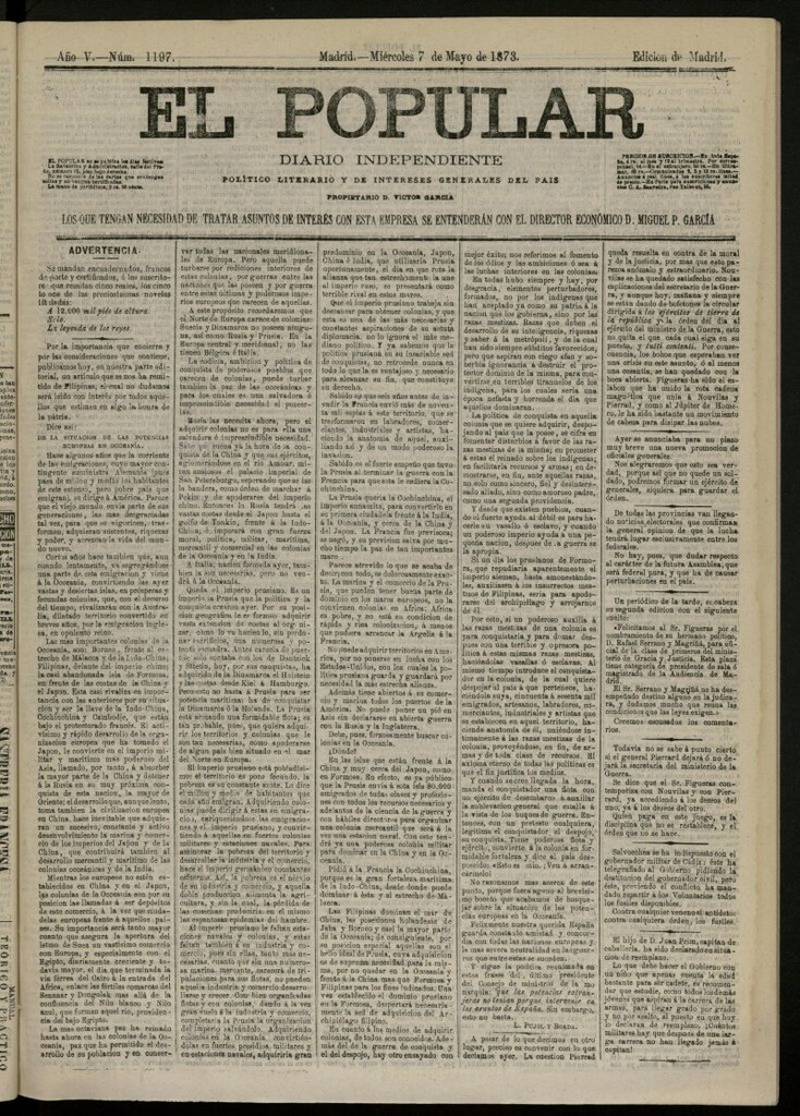 Miniatura de El Popular: diario independiente, político, literario y de noticias de interés general del 7 de mayo de 1873, nº 1197