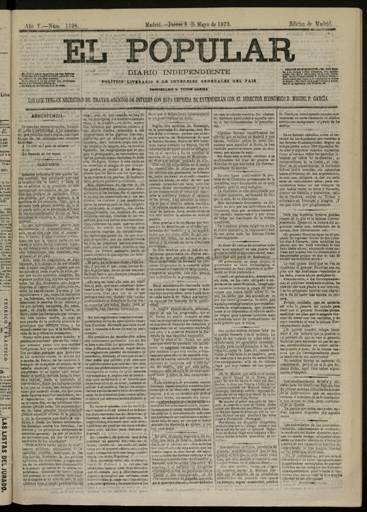 Miniatura de El Popular: diario independiente, político, literario y de noticias de interés general del 8 de mayo de 1873, nº 1198