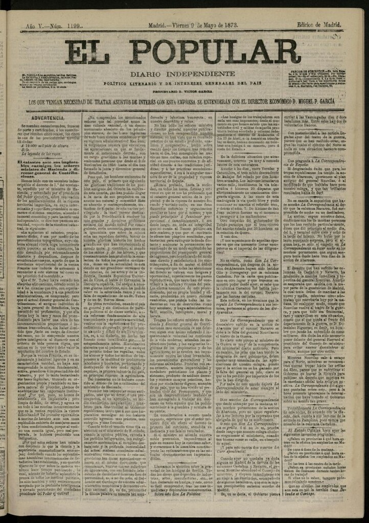 Miniatura de El Popular: diario independiente, político, literario y de noticias de interés general del 9 de mayo de 1873, nº 1199