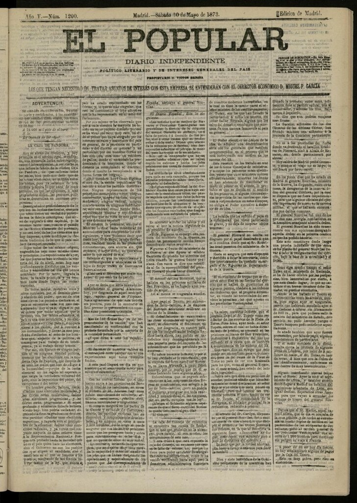 Miniatura de El Popular: diario independiente, político, literario y de noticias de interés general del 10 de mayo de 1873, nº 1200