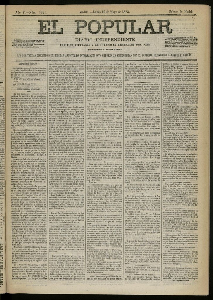 Miniatura de El Popular: diario independiente, político, literario y de noticias de interés general del 12 de mayo de 1873, nº 1201