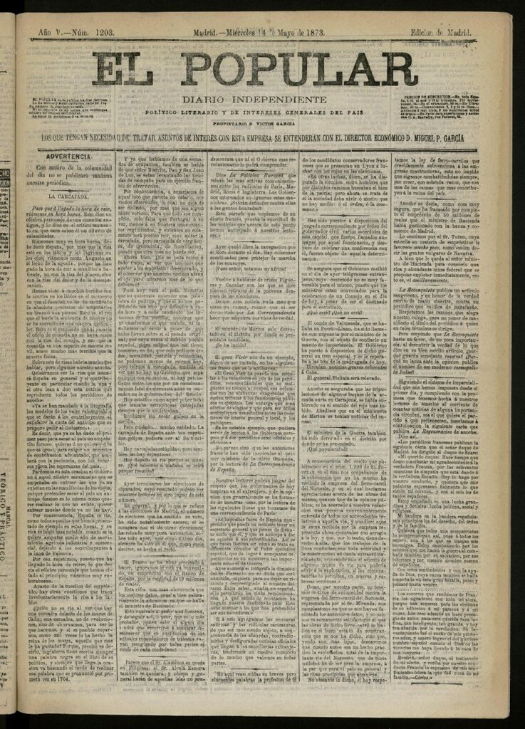 Miniatura de El Popular: diario independiente, político, literario y de noticias de interés general del 14 de mayo de 1873, nº 1203