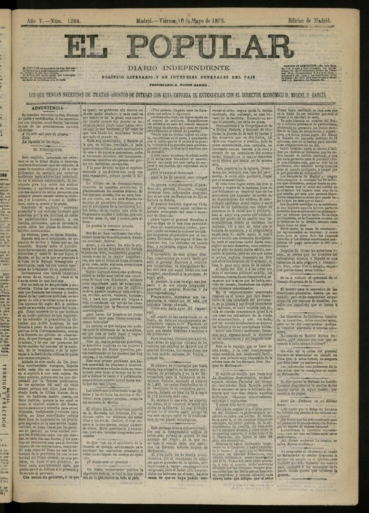 Miniatura de El Popular: diario independiente, político, literario y de noticias de interés general del 16 de mayo de 1873, nº 1204