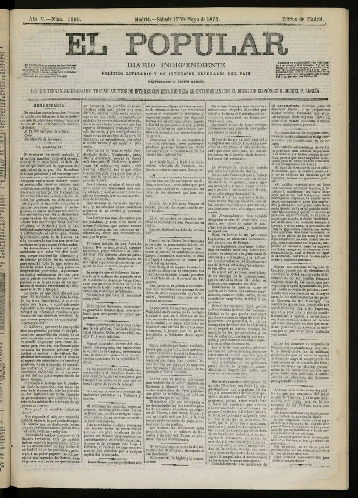 Miniatura de El Popular: diario independiente, político, literario y de noticias de interés general del 17 de mayo de 1873, nº 1205