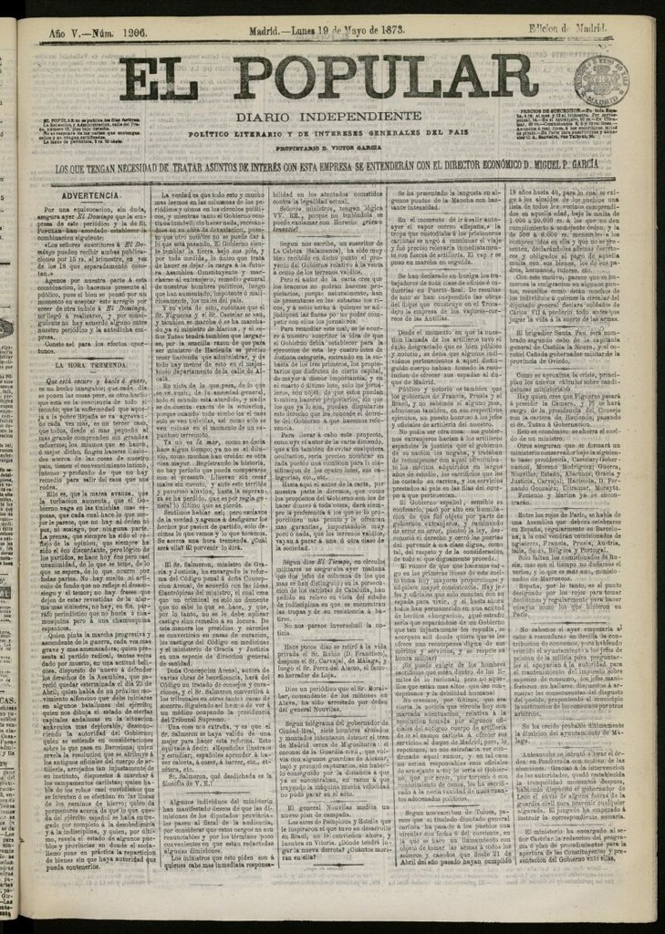Miniatura de El Popular: diario independiente, político, literario y de noticias de interés general del 19 de mayo de 1873, nº 1206