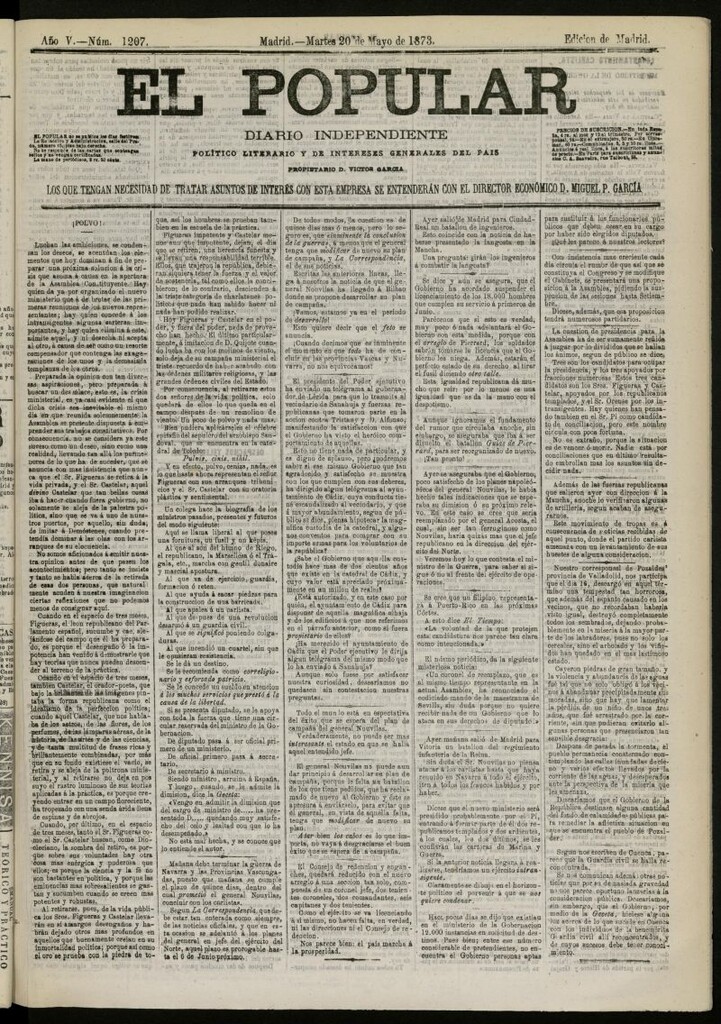 Miniatura de El Popular: diario independiente, político, literario y de noticias de interés general del 20 de mayo de 1873, nº 1207