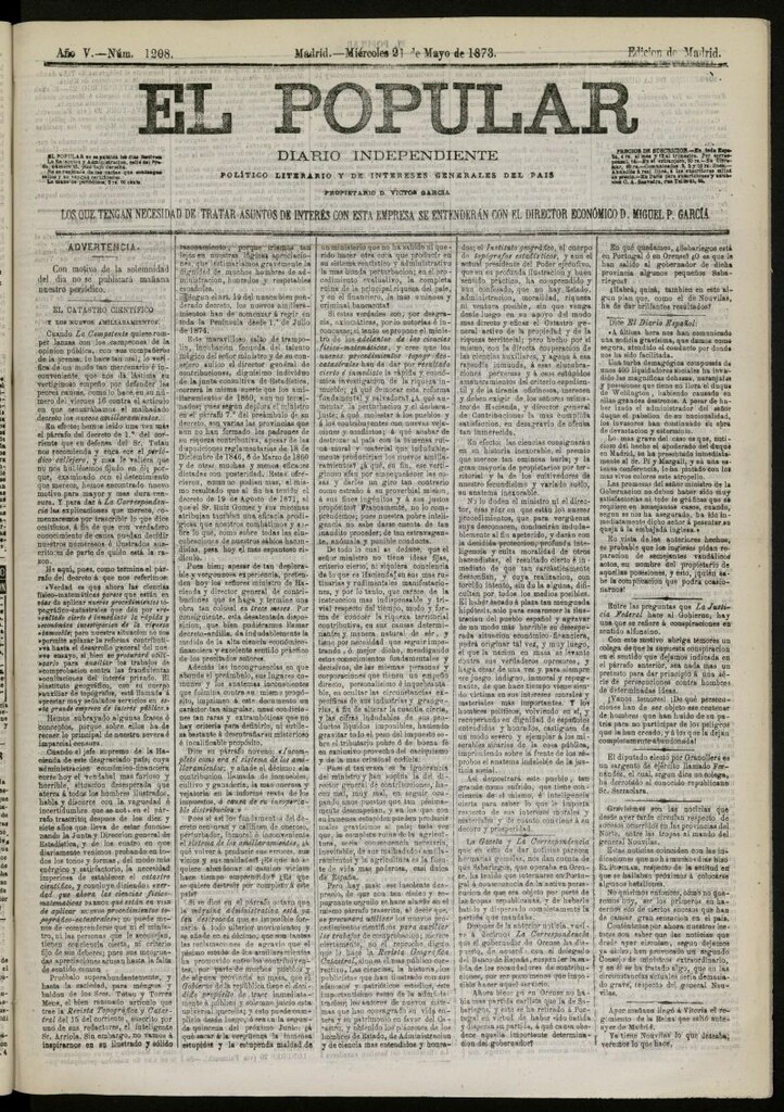Miniatura de El Popular: diario independiente, político, literario y de noticias de interés general del 21 de mayo de 1873, nº 1208