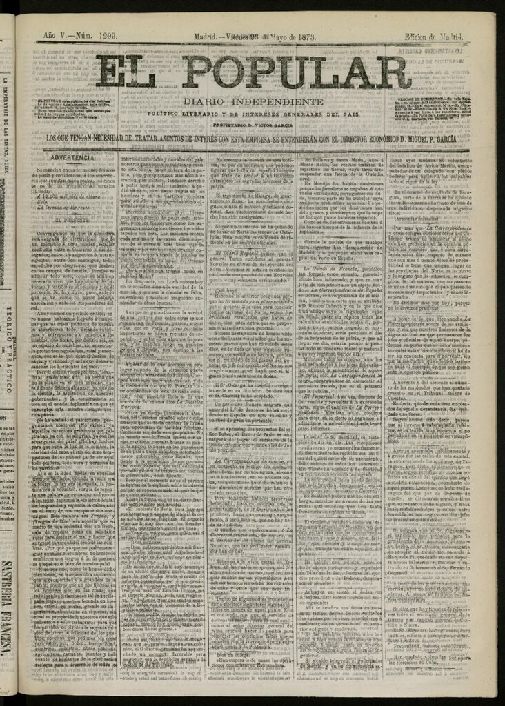Miniatura de El Popular: diario independiente, político, literario y de noticias de interés general del 23 de mayo de 1873, nº 1209