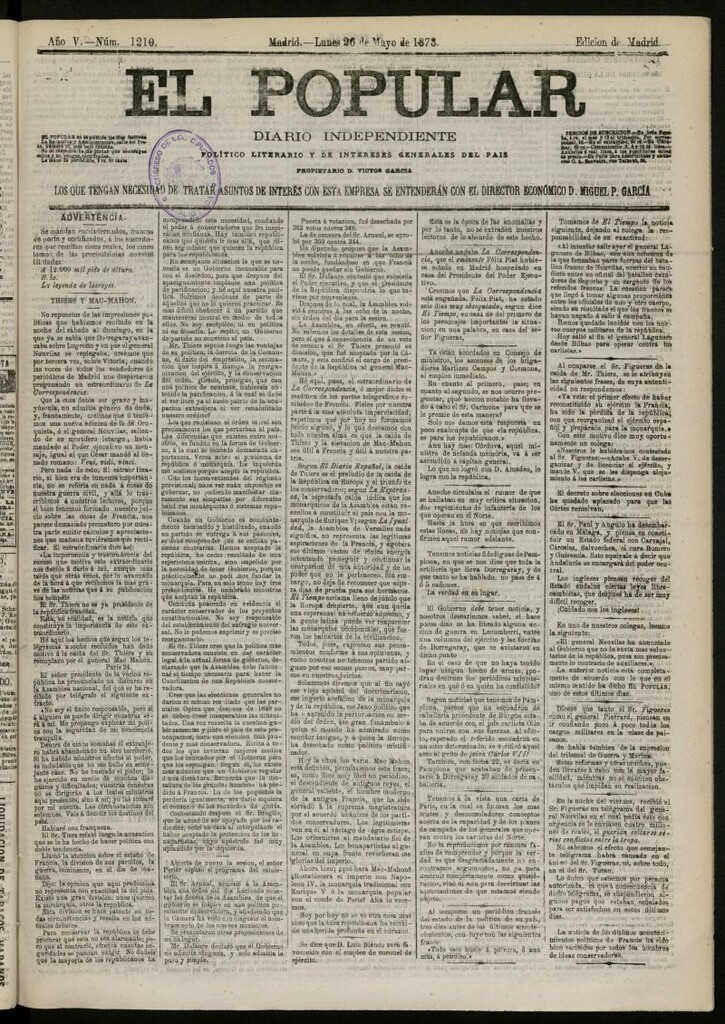 Miniatura de El Popular: diario independiente, político, literario y de noticias de interés general del 26 de mayo de 1873, nº 1210