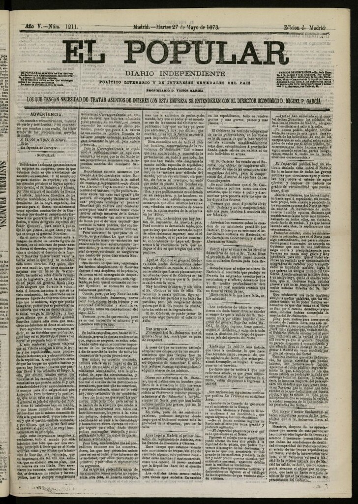 Miniatura de El Popular: diario independiente, político, literario y de noticias de interés general del 27 de mayo de 1873, nº 1211
