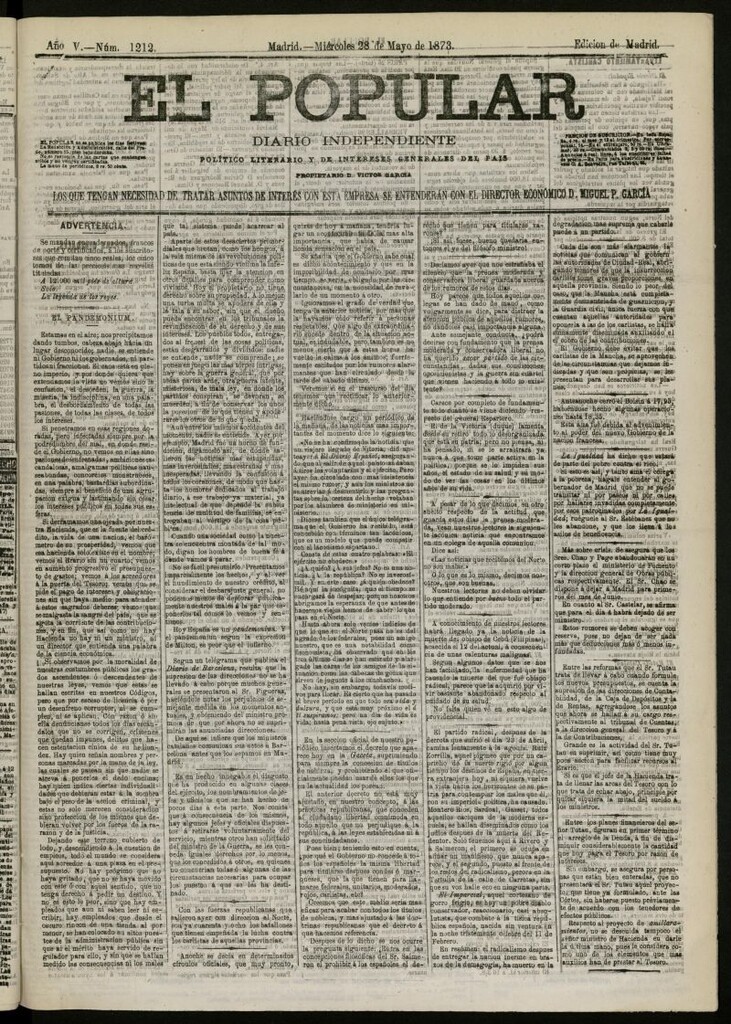 Miniatura de El Popular: diario independiente, político, literario y de noticias de interés general del 28 de mayo de 1873, nº 1212