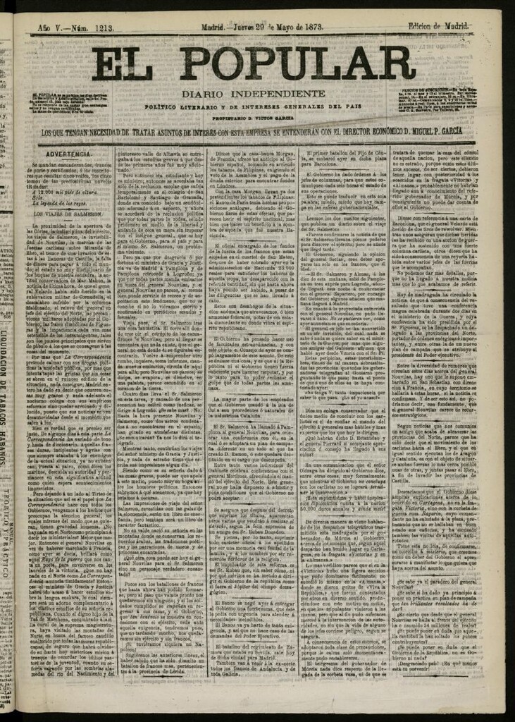 Miniatura de El Popular: diario independiente, político, literario y de noticias de interés general del 29 de mayo de 1873, nº 1213