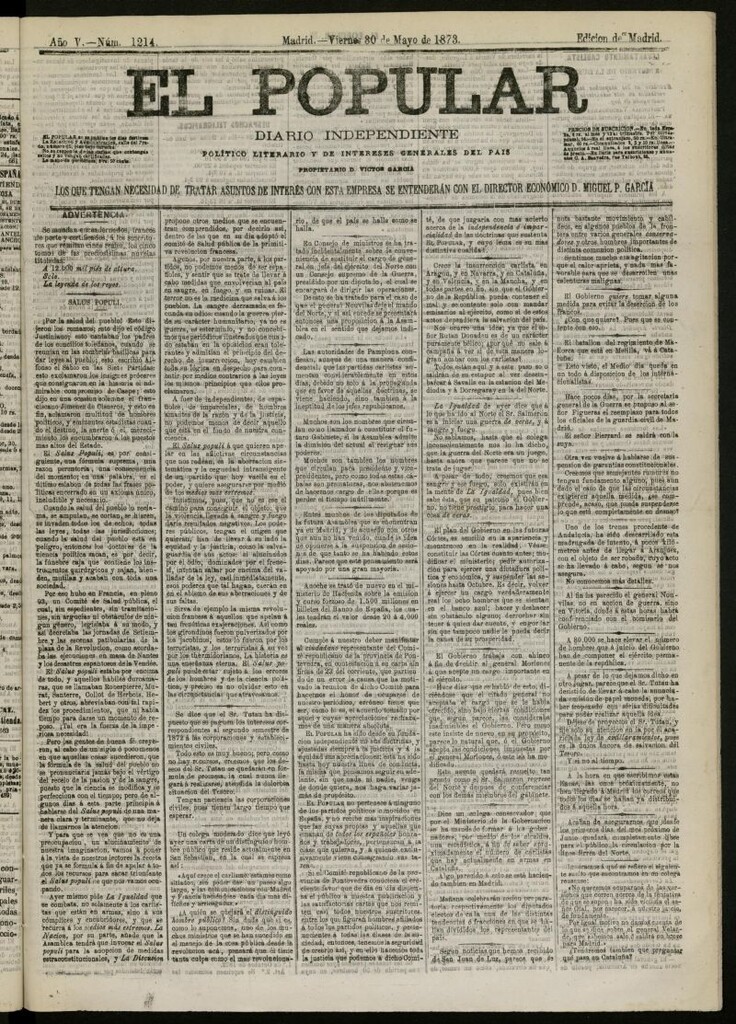 Miniatura de El Popular: diario independiente, político, literario y de noticias de interés general del 30 de mayo de 1873, nº 1214