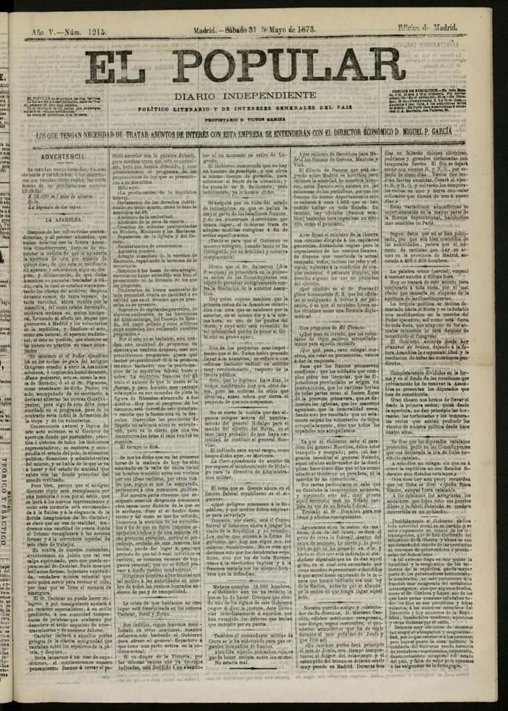 Miniatura de El Popular: diario independiente, político, literario y de noticias de interés general del 31 de mayo de 1873, nº 1215
