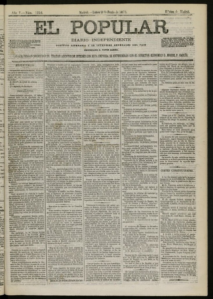 Miniatura de El Popular: diario independiente, político, literario y de noticias de interés general del 2 de junio de 1873, nº 1216