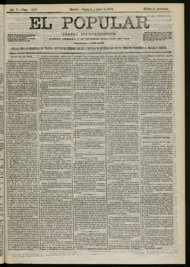 Miniatura de El Popular: diario independiente, político, literario y de noticias de interés general del 3 de junio de 1873, nº 1217