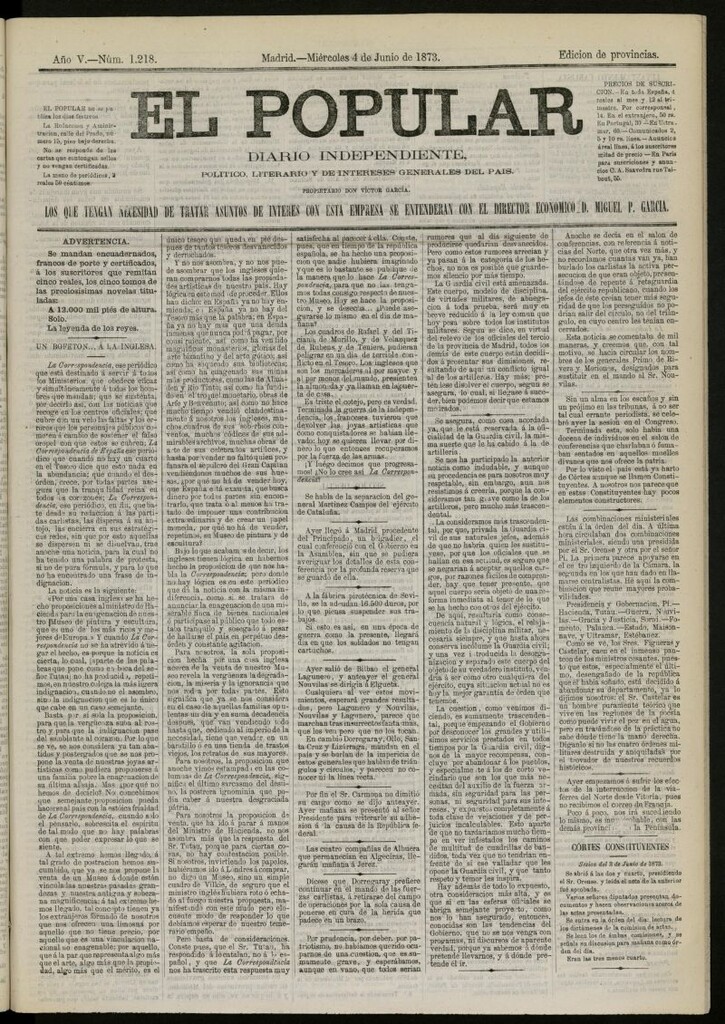 Miniatura de El Popular: diario independiente, político, literario y de noticias de interés general del 4 de junio de 1873, nº 1218