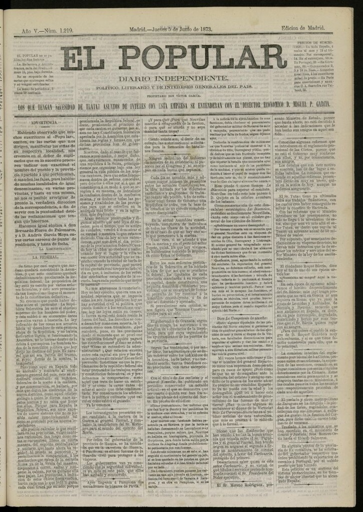Miniatura de El Popular: diario independiente, político, literario y de noticias de interés general del 5 de junio de 1873, nº 1219