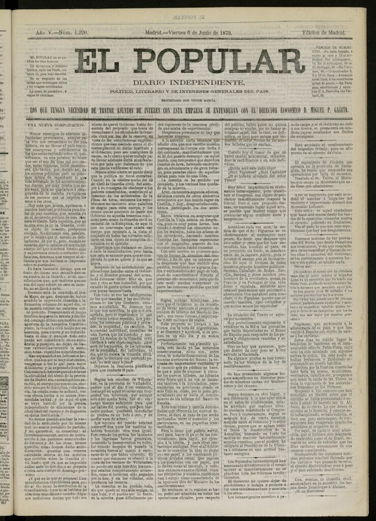 Miniatura de El Popular: diario independiente, político, literario y de noticias de interés general del 6 de junio de 1873, nº 1220