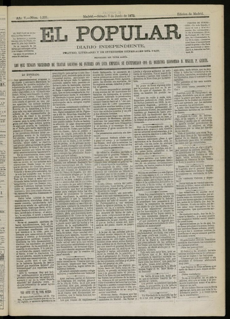 Miniatura de El Popular: diario independiente, político, literario y de noticias de interés general del 7 de junio de 1873, nº 1221